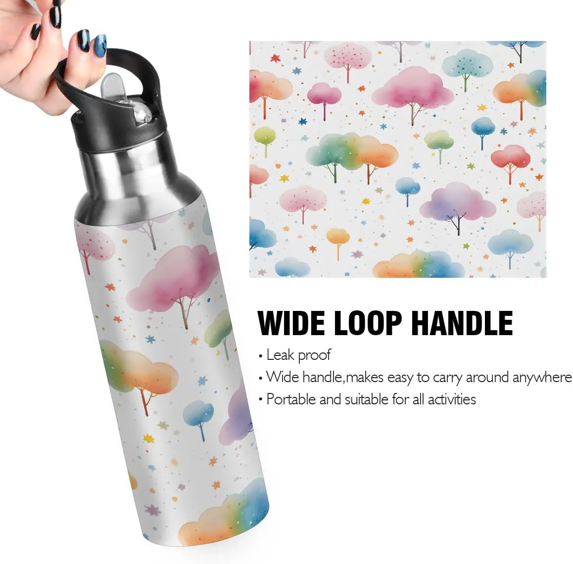 Water Bottle Stainless Steel, Cartoon Tree Insulated Sports Bottle with Straw, BPA Free Reusable Bottles for Fitness, Travel & Outdoor Activities