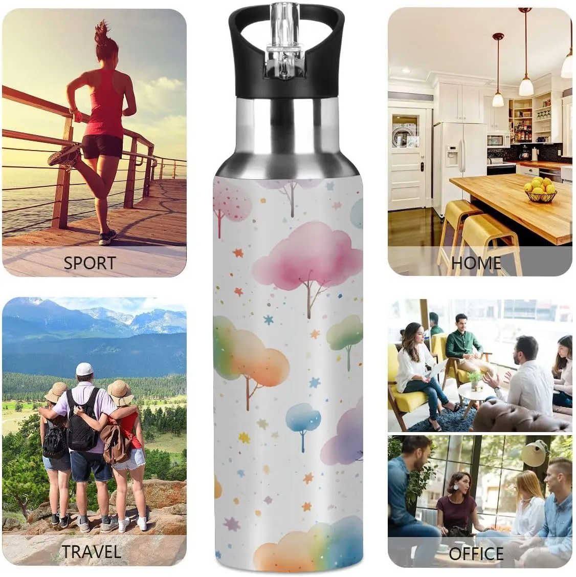 Water Bottle Stainless Steel, Cartoon Tree Insulated Sports Bottle with Straw, BPA Free Reusable Bottles for Fitness, Travel & Outdoor Activities