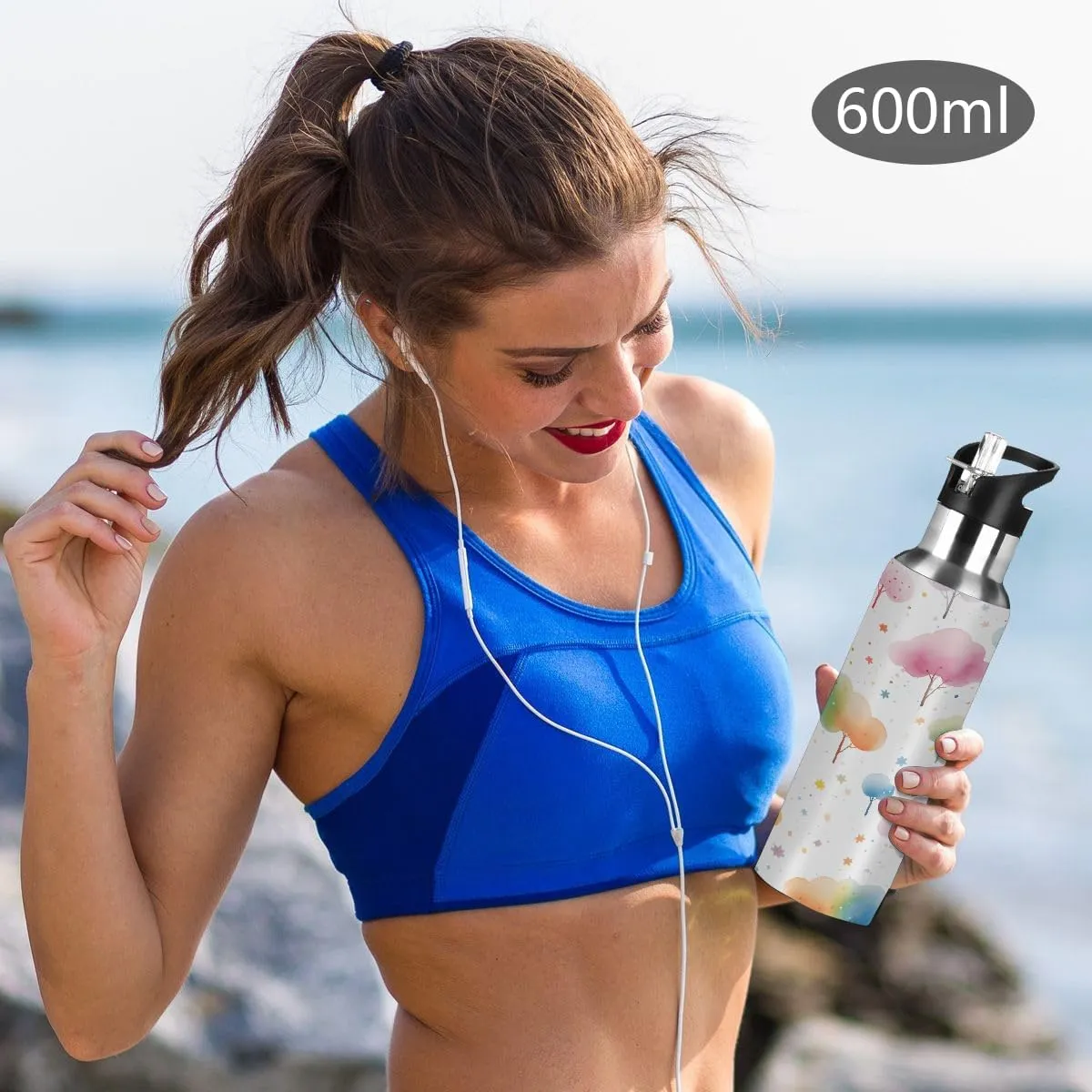 Water Bottle Stainless Steel, Cartoon Tree Insulated Sports Bottle with Straw, BPA Free Reusable Bottles for Fitness, Travel & Outdoor Activities