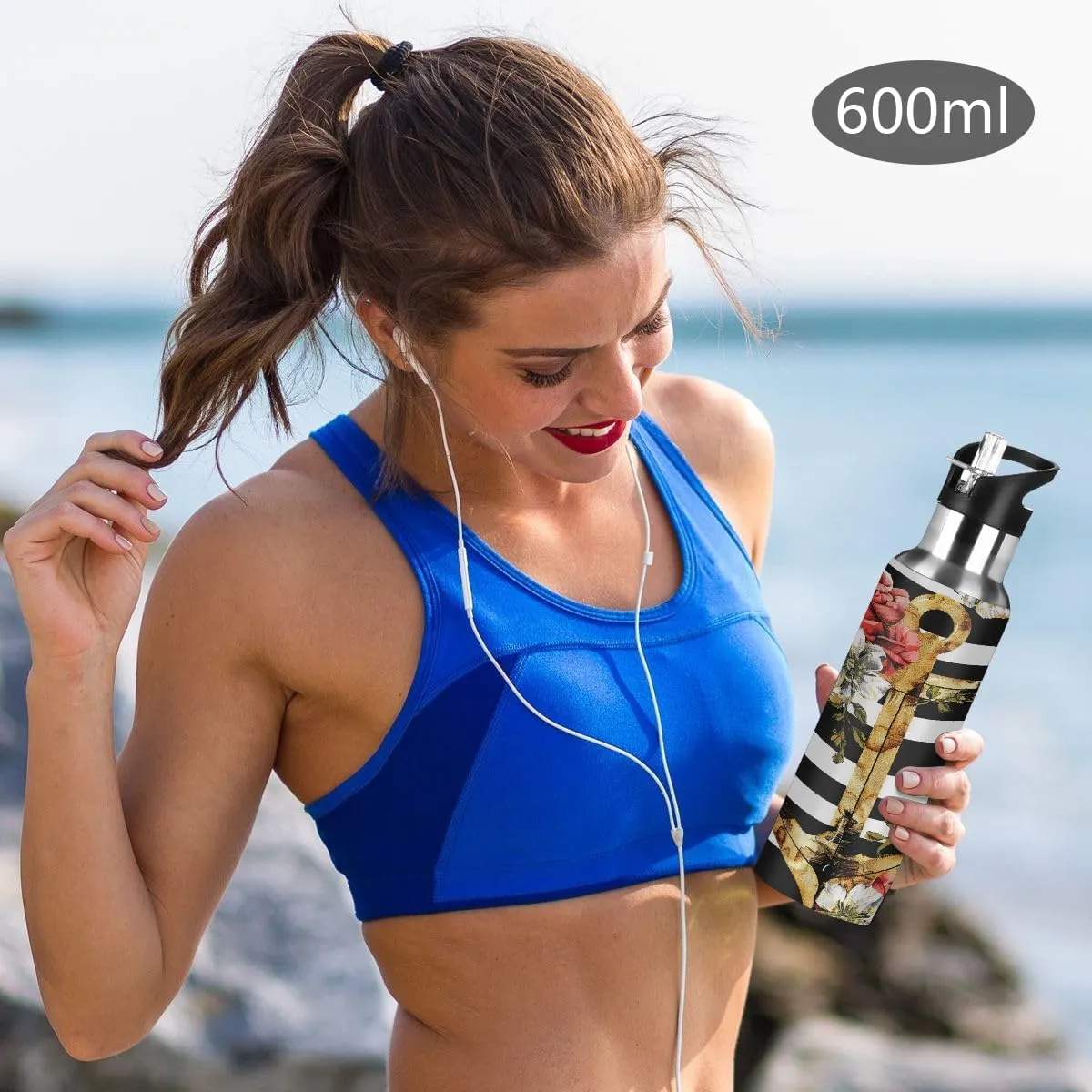 Water Bottle Stainless Steel, Flower Anchor Insulated Sports Bottle with Straw, BPA Free Reusable Bottles for Fitness, Travel & Outdoor Activities