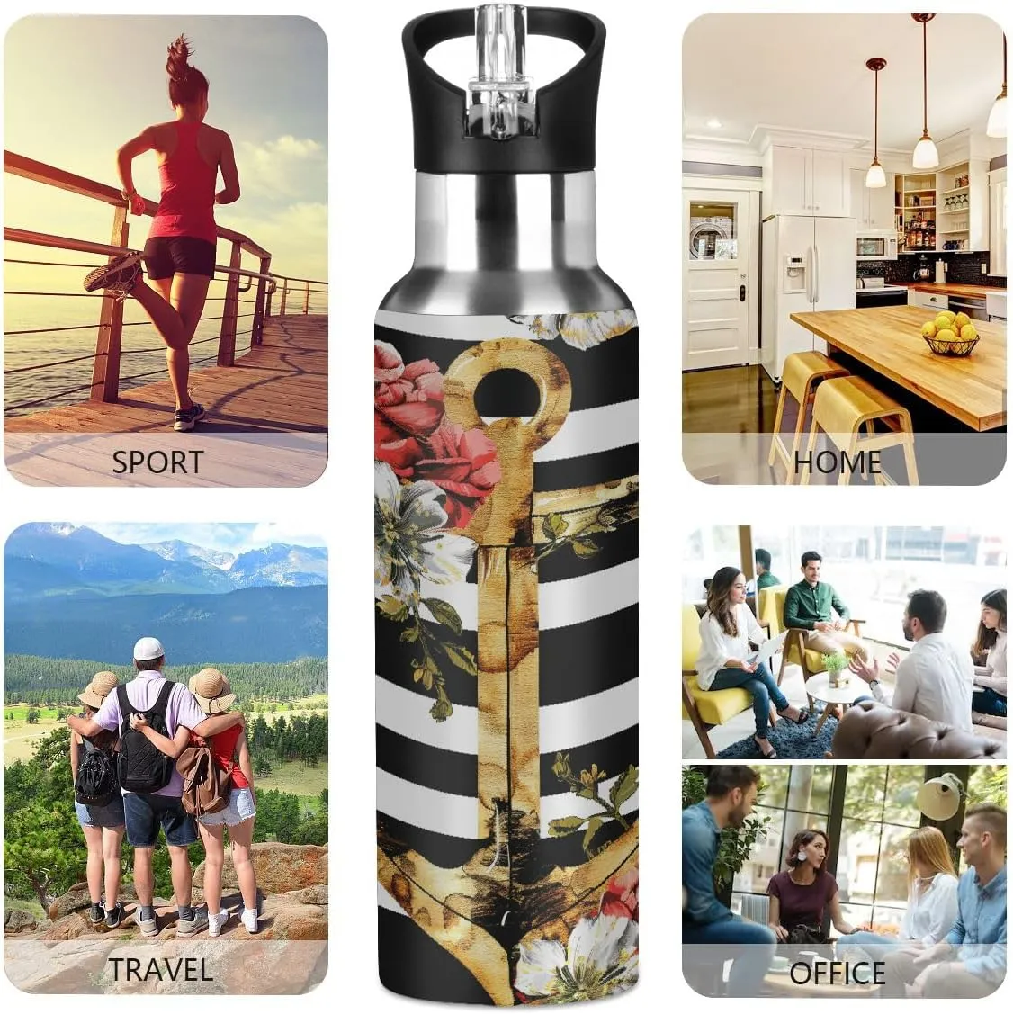 Water Bottle Stainless Steel, Flower Anchor Insulated Sports Bottle with Straw, BPA Free Reusable Bottles for Fitness, Travel & Outdoor Activities