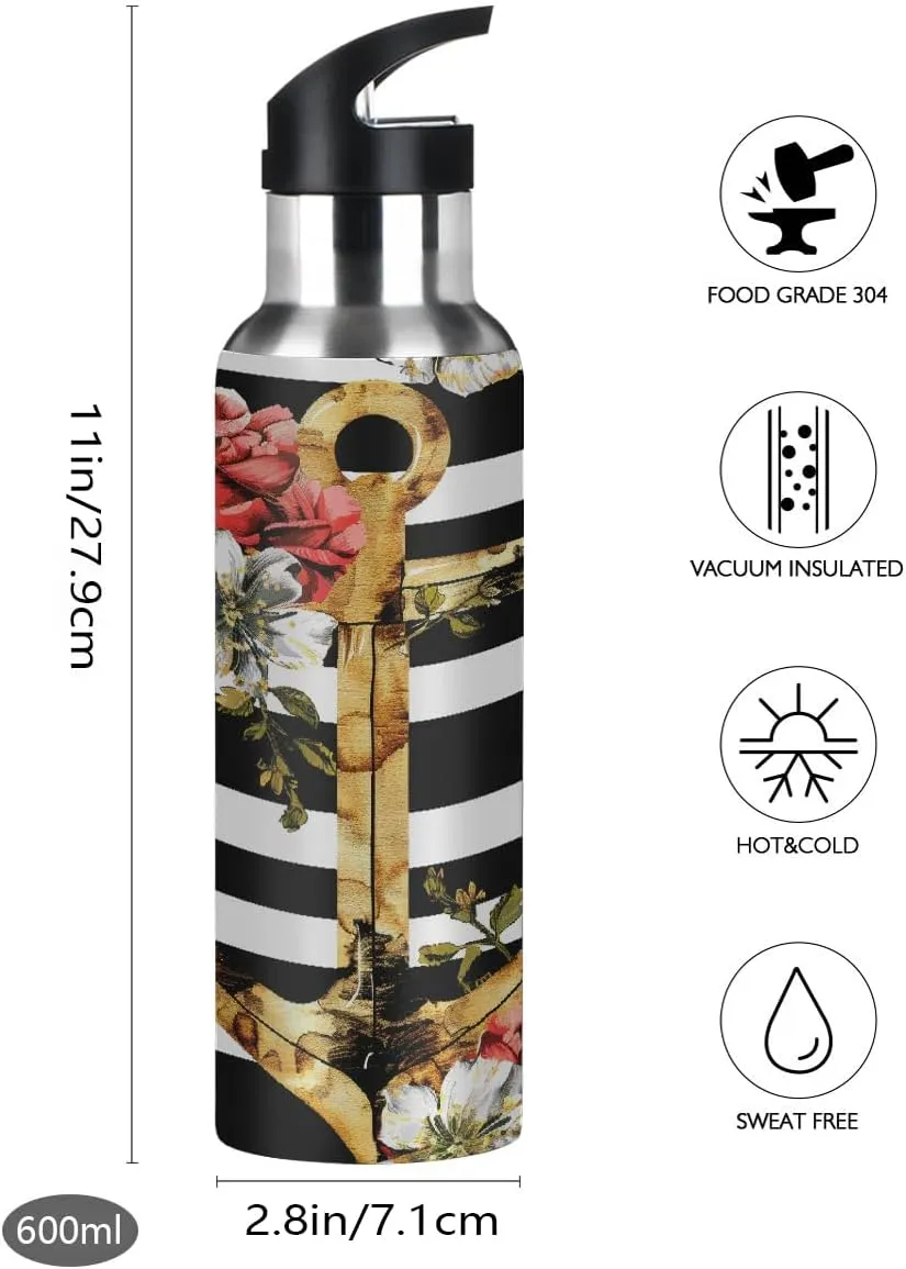 Water Bottle Stainless Steel, Flower Anchor Insulated Sports Bottle with Straw, BPA Free Reusable Bottles for Fitness, Travel & Outdoor Activities