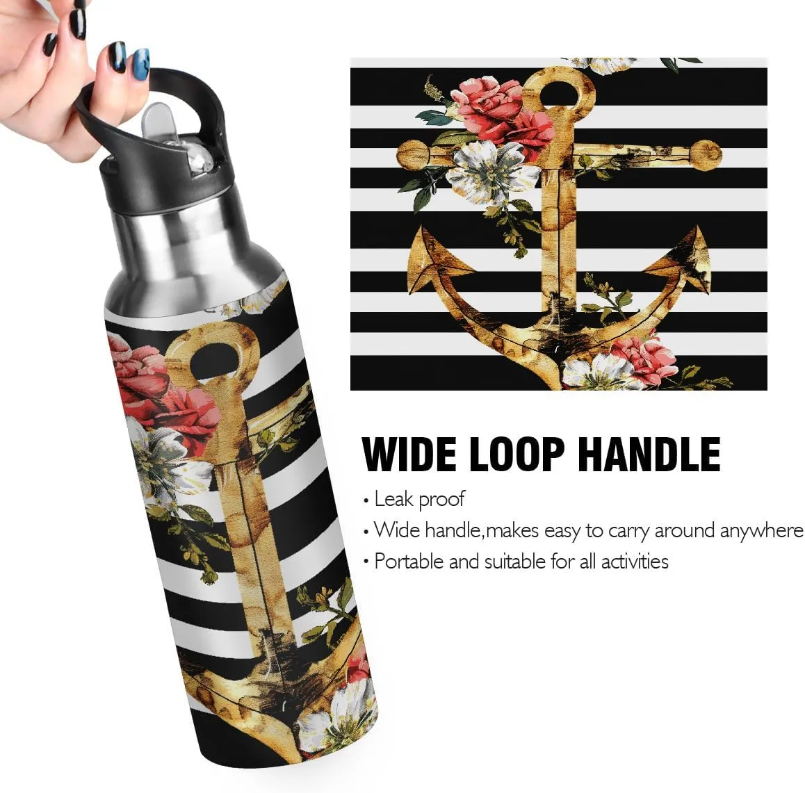 Water Bottle Stainless Steel, Flower Anchor Insulated Sports Bottle with Straw, BPA Free Reusable Bottles for Fitness, Travel & Outdoor Activities
