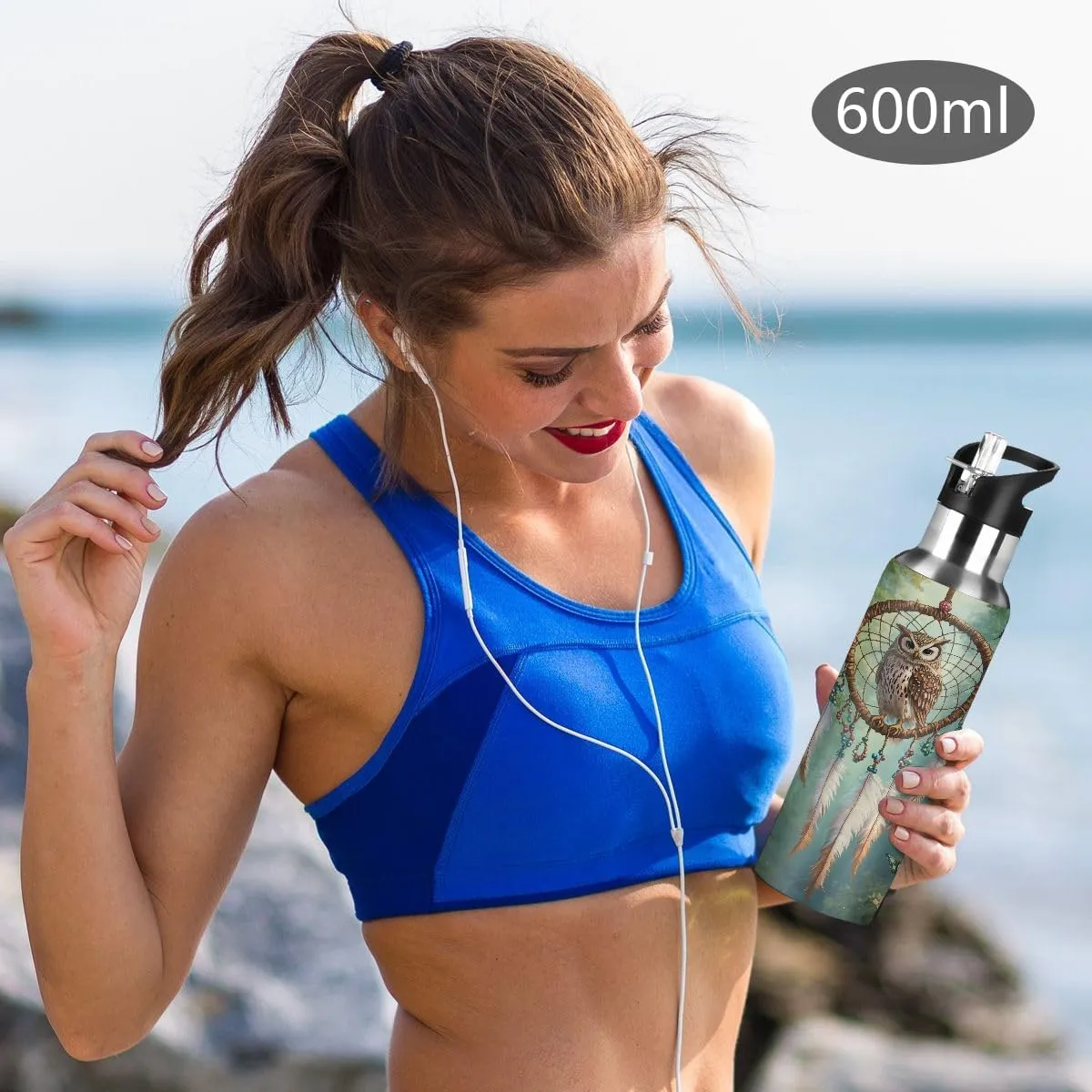 Water Bottle Stainless Steel, Owl Rose Butterfly Dream Catcher Insulated Sports Bottle with Straw, BPA Free Reusable Bottles for Fitness, Travel & Outdoor Activities