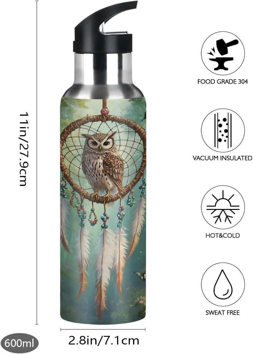 Water Bottle Stainless Steel, Owl Rose Butterfly Dream Catcher Insulated Sports Bottle with Straw, BPA Free Reusable Bottles for Fitness, Travel & Outdoor Activities