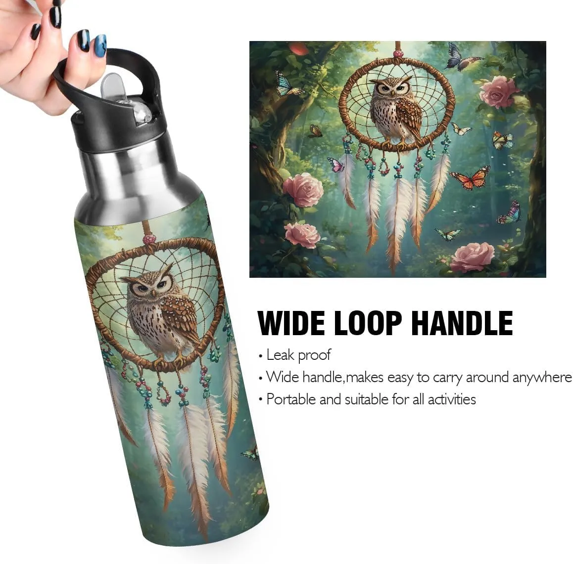 Water Bottle Stainless Steel, Owl Rose Butterfly Dream Catcher Insulated Sports Bottle with Straw, BPA Free Reusable Bottles for Fitness, Travel & Outdoor Activities