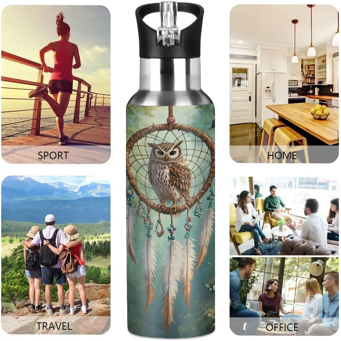 Water Bottle Stainless Steel, Owl Rose Butterfly Dream Catcher Insulated Sports Bottle with Straw, BPA Free Reusable Bottles for Fitness, Travel & Outdoor Activities