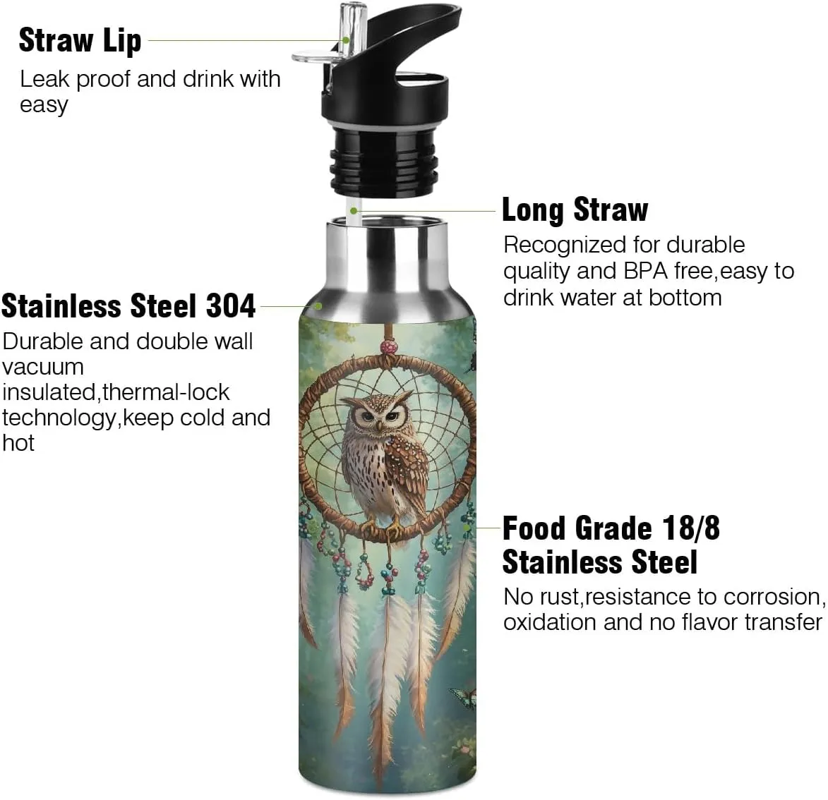 Water Bottle Stainless Steel, Owl Rose Butterfly Dream Catcher Insulated Sports Bottle with Straw, BPA Free Reusable Bottles for Fitness, Travel & Outdoor Activities