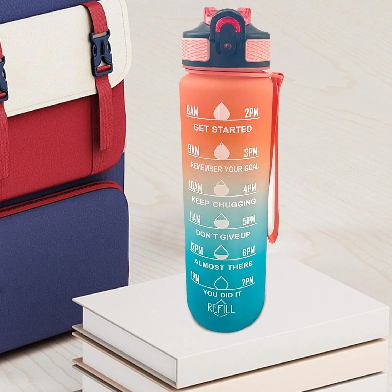 Water Bottle with Times | 1L Water Bottle with Carrying Strap | Leakproof Portable Jug for Outdoor Gym Yoga Fitness Travel Sports School