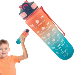 Water Jug with Time Marker | 1L Water Bottle with Carrying Strap | Leakproof Drinking Container for Kids School Fitness Gym Yoga Travel Outdoor Sports