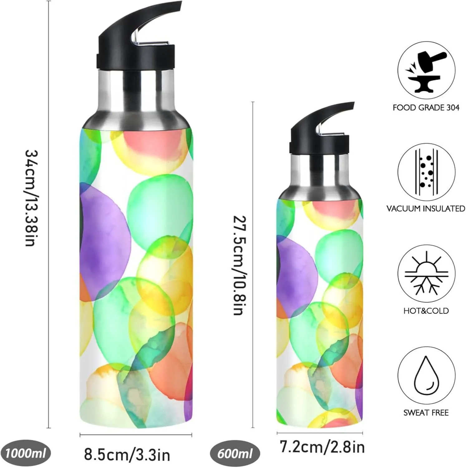 Watercolor Circle Sports Water Bottle with Straw, 22oz BPA Free Stainless Steel Vacuum Insulated Bottle for Gym Fitness Outdoor