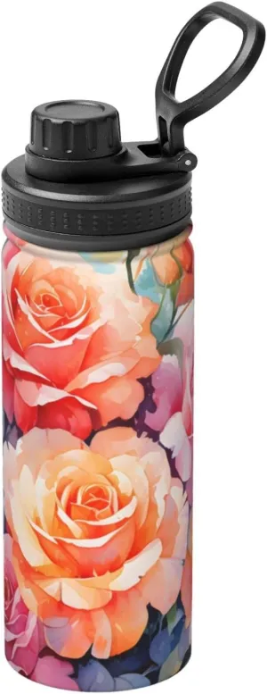Watercolor Moon Flower Pattern Sports Insulated Water Bottle 18oz Stainless Steel Metal Water Bottles with Handle and Spout Lid Reusable Leakproof Double Wall Water Flask for Men Women Travel Gym