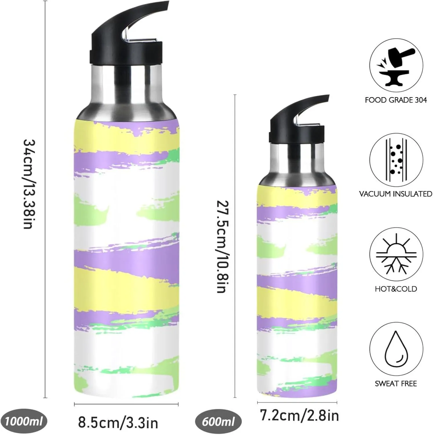 Watercolor Stripes Sports Water Bottle with Straw, 22oz BPA Free Stainless Steel Vacuum Insulated Bottle for Gym Fitness Outdoor