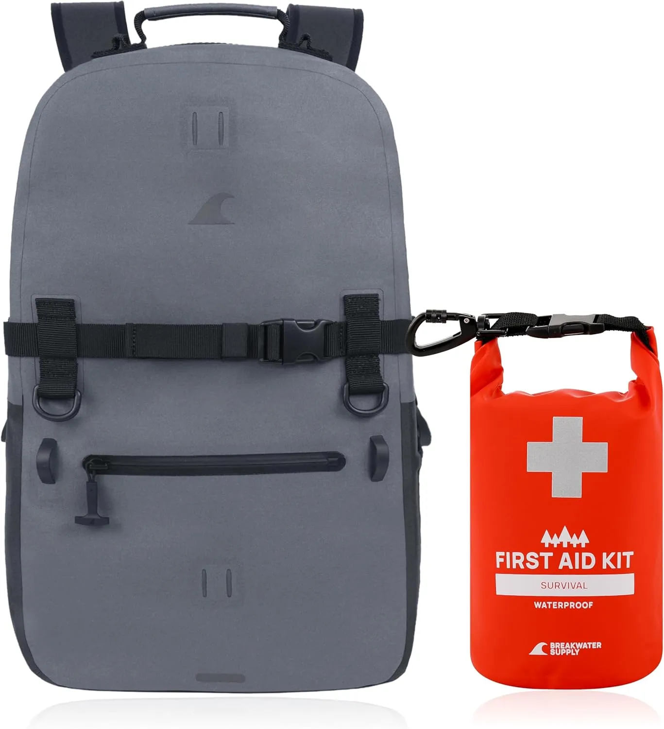 Waterproof Backpack and Waterproof First Aid Survival Kit Bundle, Explorer 25L Non-Rolltop Dry Bag and 2L Emergency Supplies