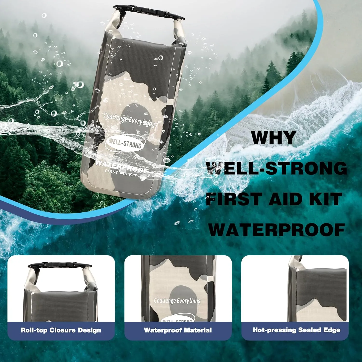 Waterproof First Aid Kit Roll Top Boat Emergency Kit with Waterproof Contents for Fishing Kayaking Boating Swimming Camping Rafting Beach Camouflage Grey
