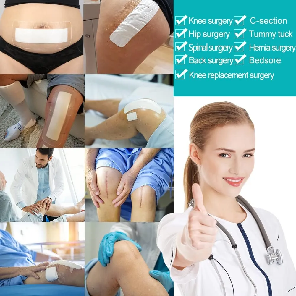 Waterproof Incision Bandages for Large Wounds Knee Hip Replacement Adheisve Island Dressing Bandaid Tape Post Surgical Shower Protector, No Glue On Center 4 x 14 Inch (Pack of 25)