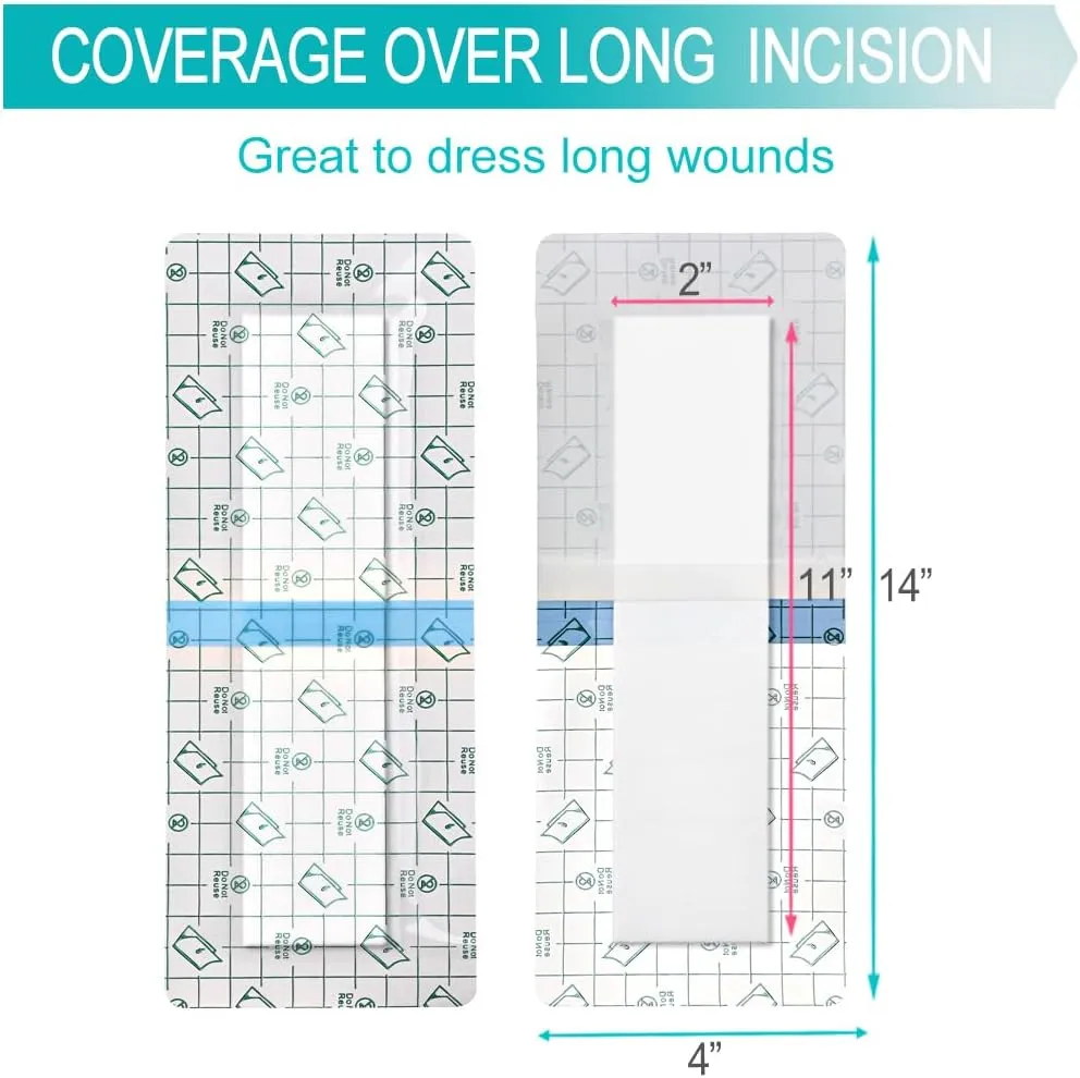 Waterproof Incision Bandages for Large Wounds Knee Hip Replacement Adheisve Island Dressing Bandaid Tape Post Surgical Shower Protector, No Glue On Center 4 x 14 Inch (Pack of 25)