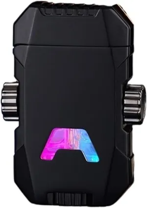 Waterproof Metal Butane Windproof Dual Flush Torch Lighter, Adjustable Dual Flame Inflatable Clear Visible Beam Lighter, Candle Lighter Outdoor Camping Gift for Men (Butane Not Included)(Black)