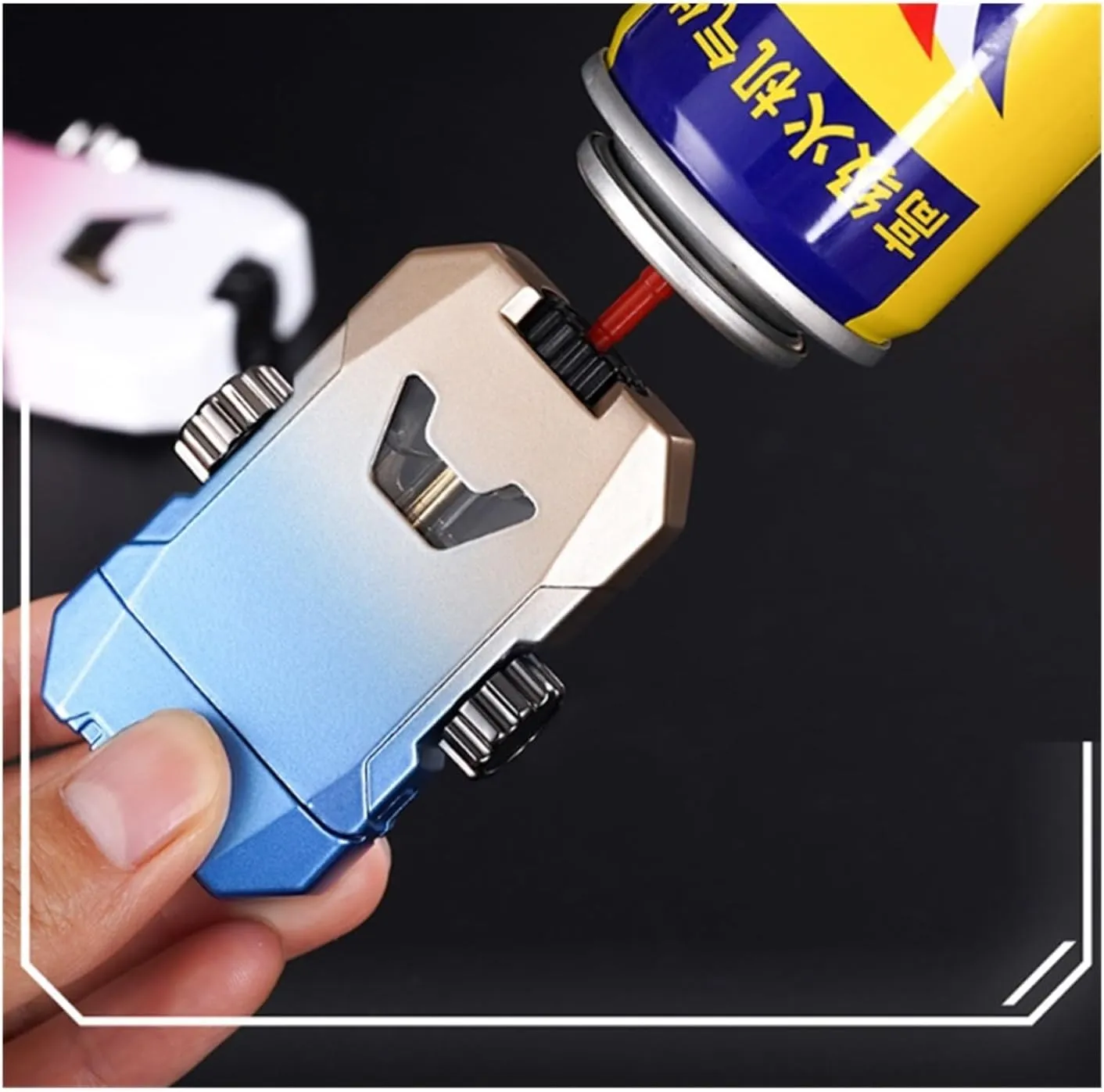Waterproof Metal Butane Windproof Dual Flush Torch Lighter, Adjustable Dual Flame Inflatable Clear Visible Beam Lighter, Candle Lighter Outdoor Camping Gift for Men (Butane Not Included)(Black)