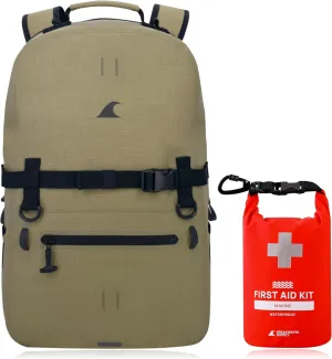 Waterproof Preparedness Pack, IP68 Submersible Airtight Backpack and Waterproof Marine First Aid Kit for Boating, Fishing, Kayaking (Fogland 25L Safari Tan Cordura)