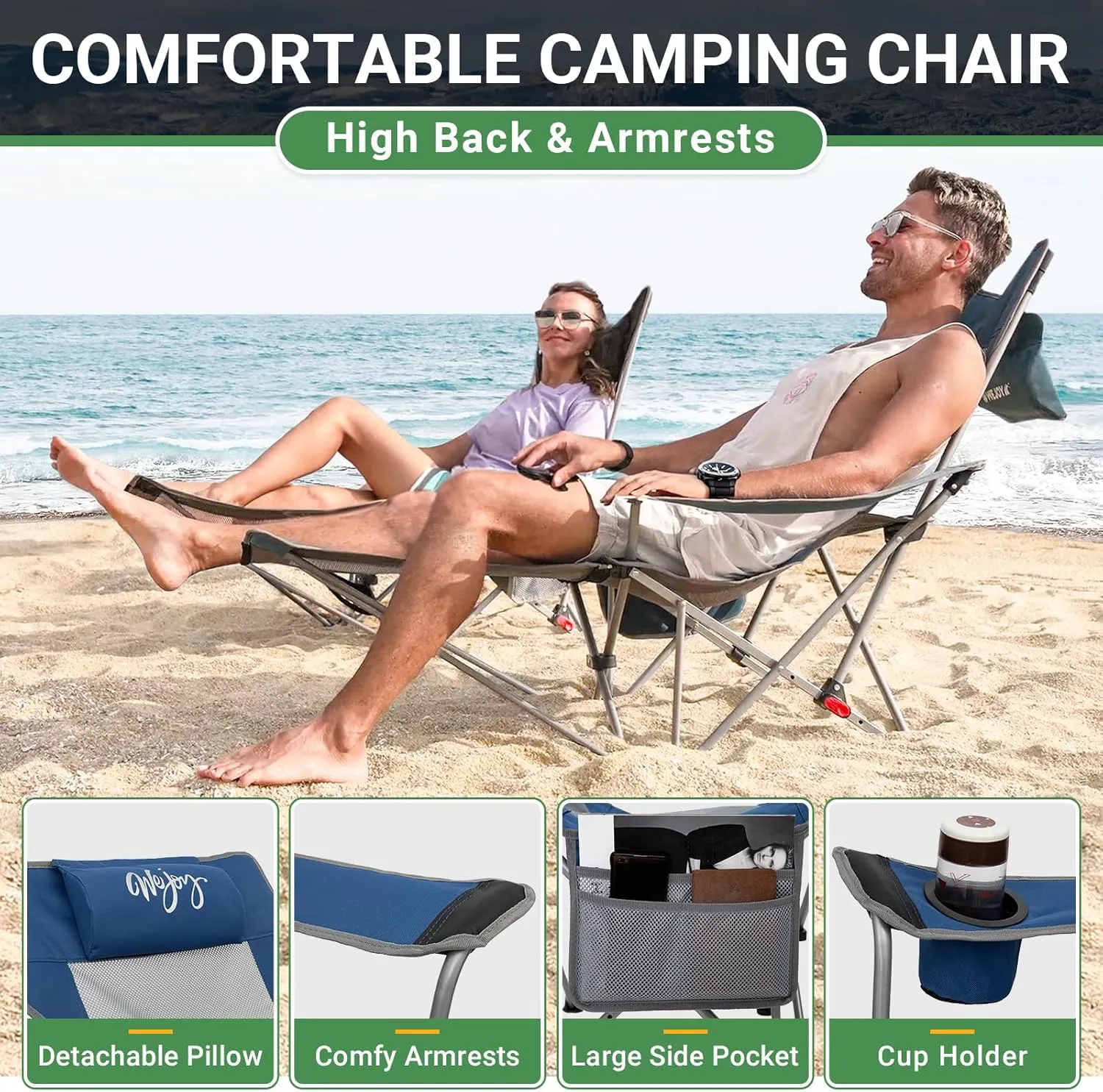 #WEJOY 2-in-1 Reclining Camping Chair, Lightweight Folding Camping Chair with Adjustable Backrest & Footrest, Camping Lounge Chair with Headrest, Cup Holder, Storage Bag, for Beach, Lawn, Concert