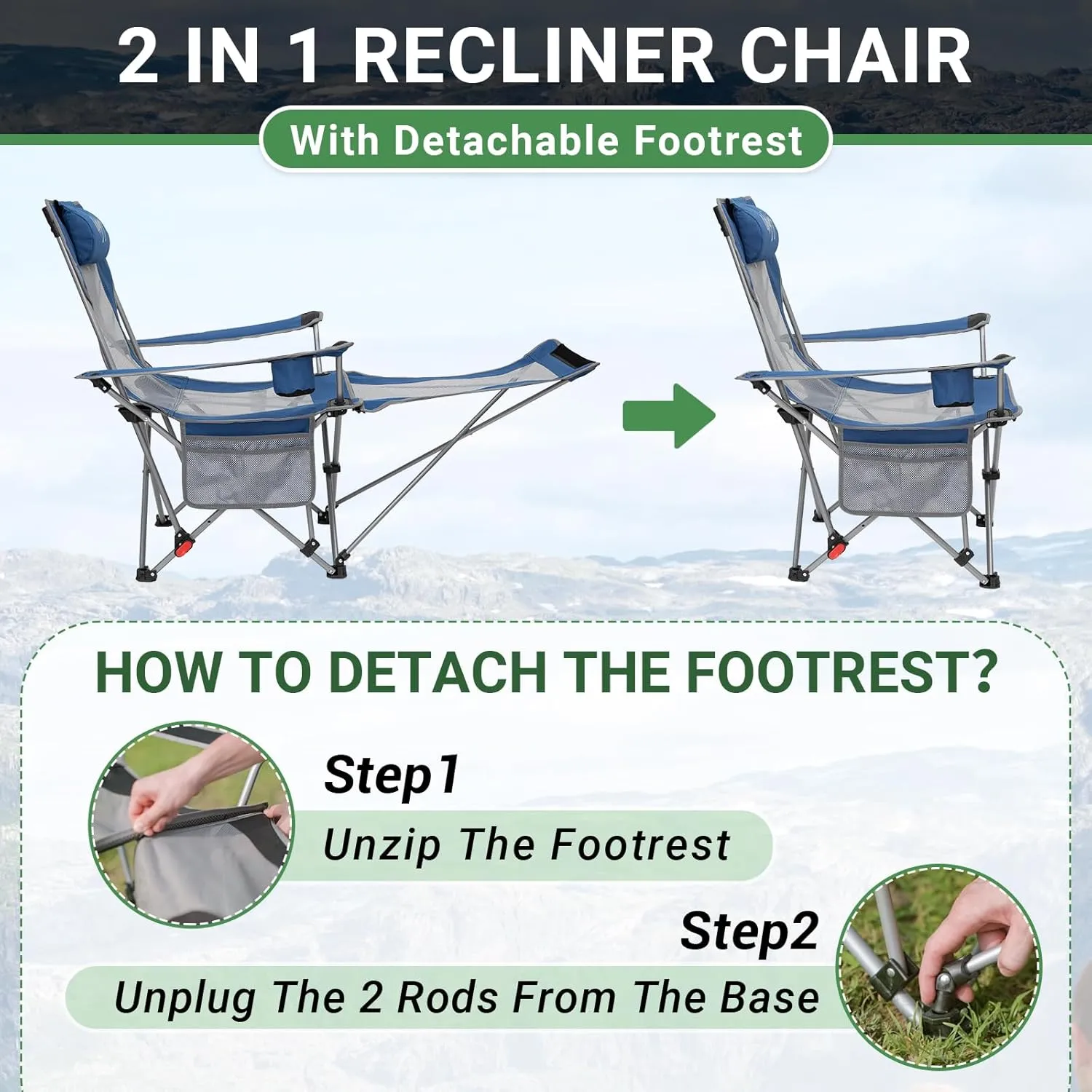 #WEJOY 2-in-1 Reclining Camping Chair, Lightweight Folding Camping Chair with Adjustable Backrest & Footrest, Camping Lounge Chair with Headrest, Cup Holder, Storage Bag, for Beach, Lawn, Concert