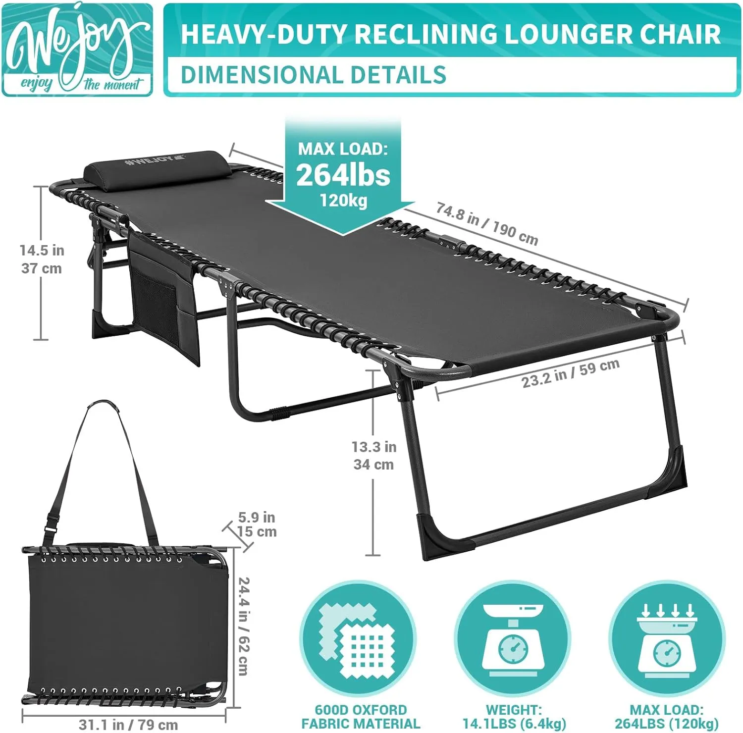#WEJOY Outdoor Folding Chaise Lounge Chair for Outside, Patio, Beach, Poolside, Sunbathing, Adjustable 5-Position Reclining Chairs, Heavy Duty Camping Cot with Shoulder Strap and Pillow, Black