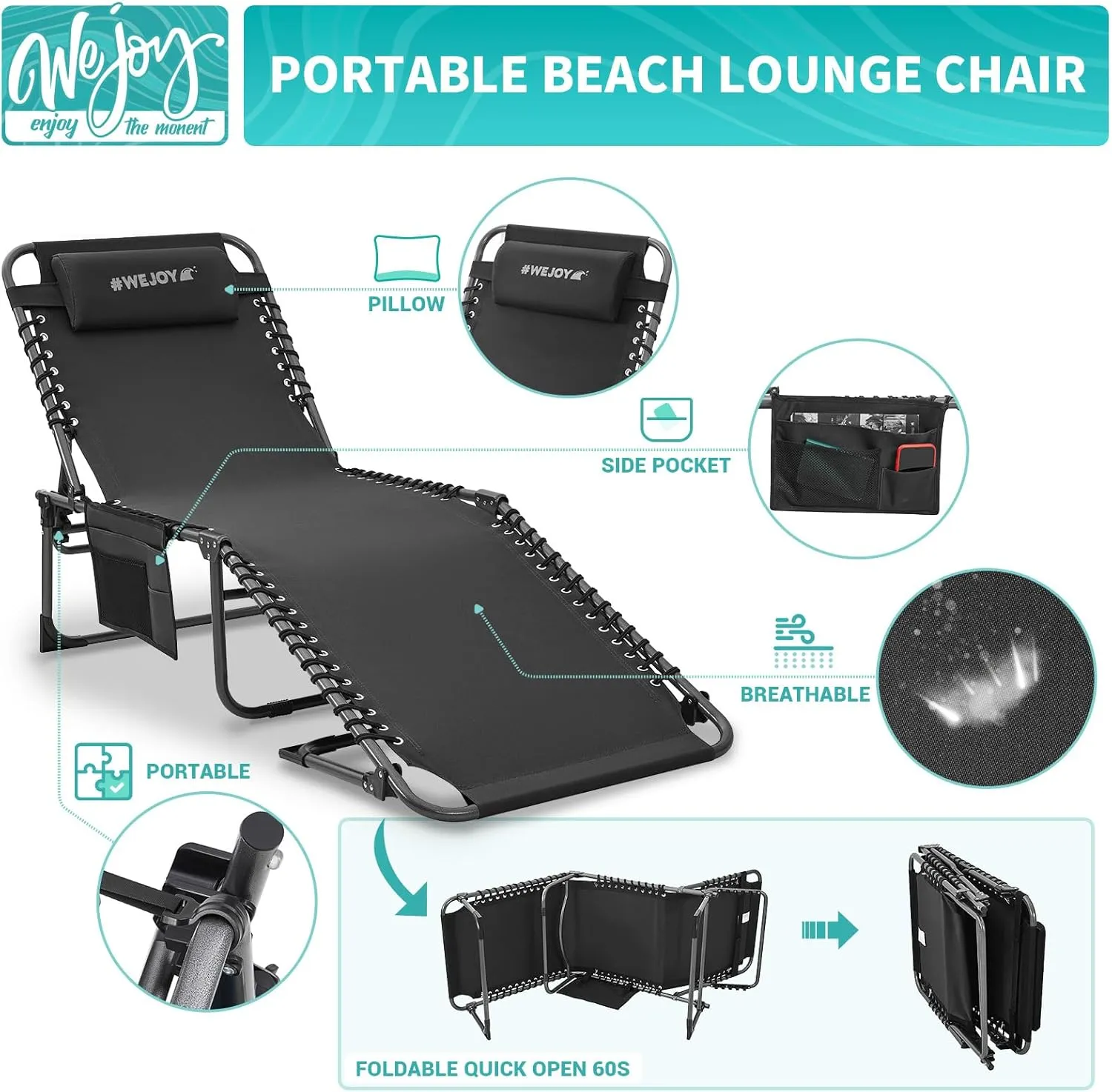 #WEJOY Outdoor Folding Chaise Lounge Chair for Outside, Patio, Beach, Poolside, Sunbathing, Adjustable 5-Position Reclining Chairs, Heavy Duty Camping Cot with Shoulder Strap and Pillow, Black