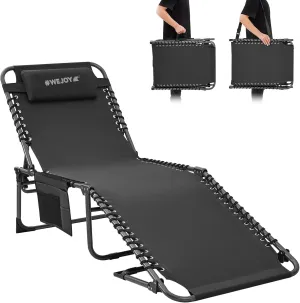 #WEJOY Outdoor Folding Chaise Lounge Chair for Outside, Patio, Beach, Poolside, Sunbathing, Adjustable 5-Position Reclining Chairs, Heavy Duty Camping Cot with Shoulder Strap and Pillow, Black