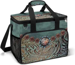 Western Turquoise Tooled Leather Rustic Star Cooler Bag, Collapsible Soft Sided Cooler, Large Leakproof Camping Cooler, Portable Travel Cooler for Camping, Road Trips