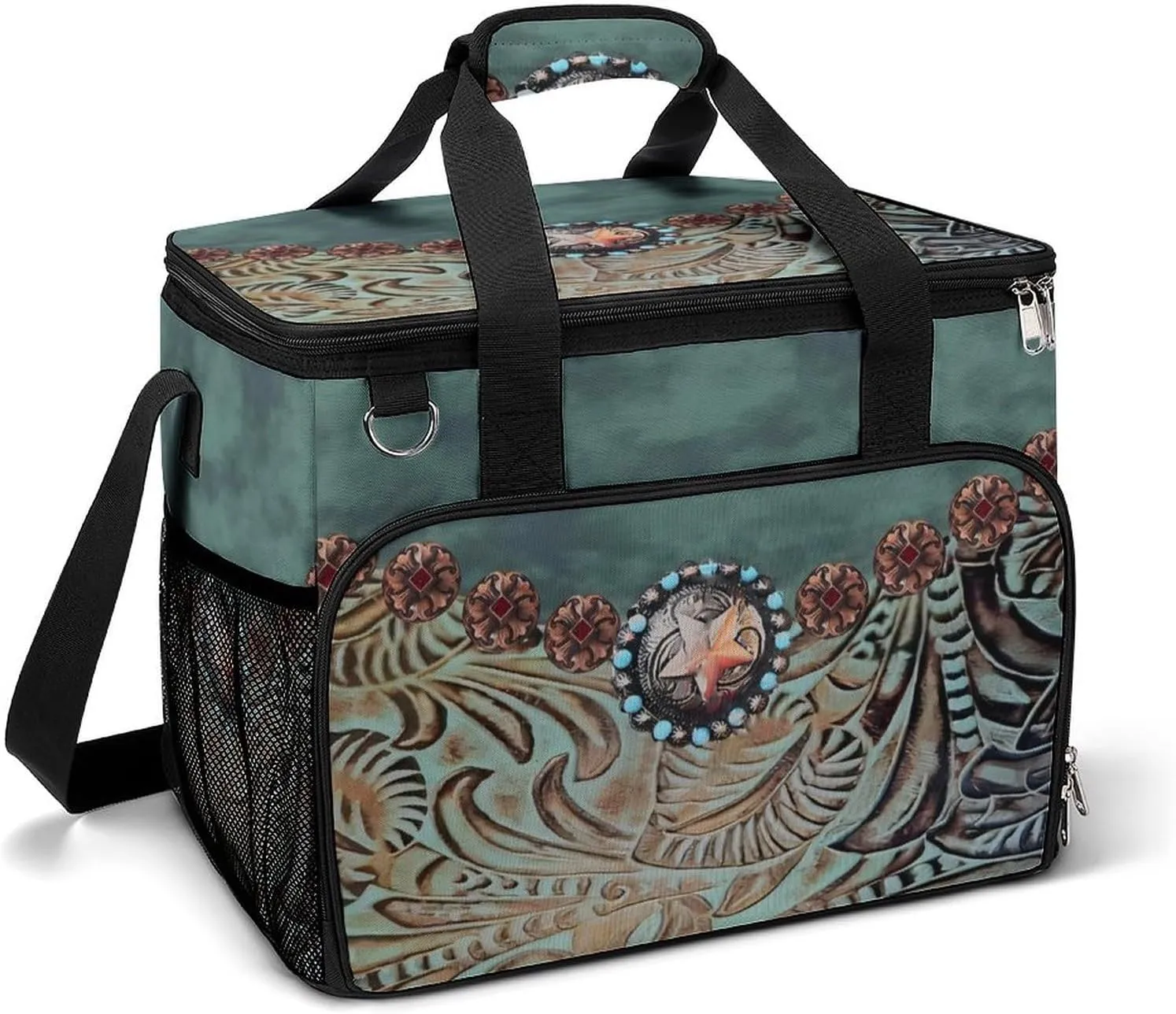 Western Turquoise Tooled Leather Rustic Star Cooler Bag, Collapsible Soft Sided Cooler, Large Leakproof Camping Cooler, Portable Travel Cooler for Camping, Road Trips