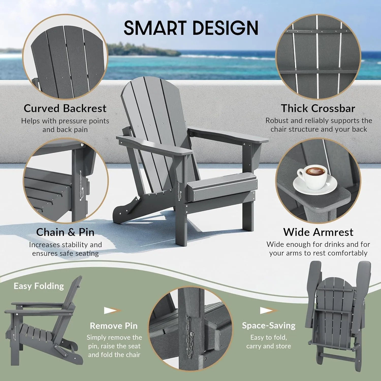 WestinTrends Malibu HDPE Outdoor Patio Folding Poly Adirondack Chair, Gray