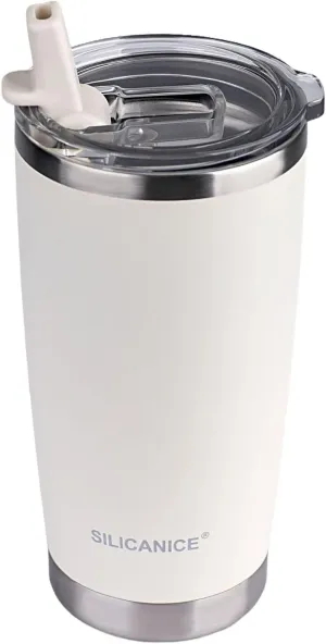 White 20oz Flip Straw Insulated Ice Travel Coffee Cups,Leak & Spill Proof Stainless Steel Vacuum Hot And Cold Drinks Mug,BPA-Free,Durable Thermal Cola Bear Cute Tumblers with Lid For Aldult