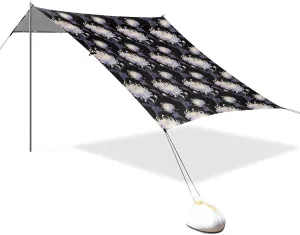 White Chrysanthemum Flowers Beach Canopy UPF50  Protection Easy Setup Shade Sun Shelter Includes Sand Shovel, Sandbags, Stability Poles for Family Trips, Picnics & Camping