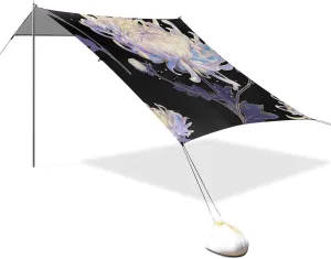 White Chrysanthemum Flowers Foldable Beach Tent UPF50  Protection Easy Setup Portable Sunshade with Sand Pockets for Family Trips, Picnics & Camping