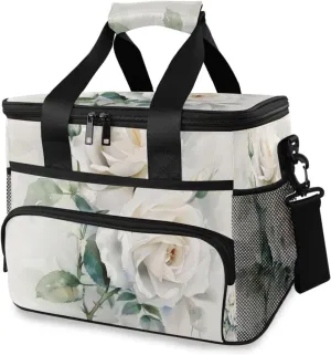 White Roses Flower Watercolor Cooler Bag Insulated Cooler Soft Sided Cooler 24 Can Portable Picnic Bag Large Leakproof Lunch Bag Box for Beach Grocery Camping Travel Car Men Women