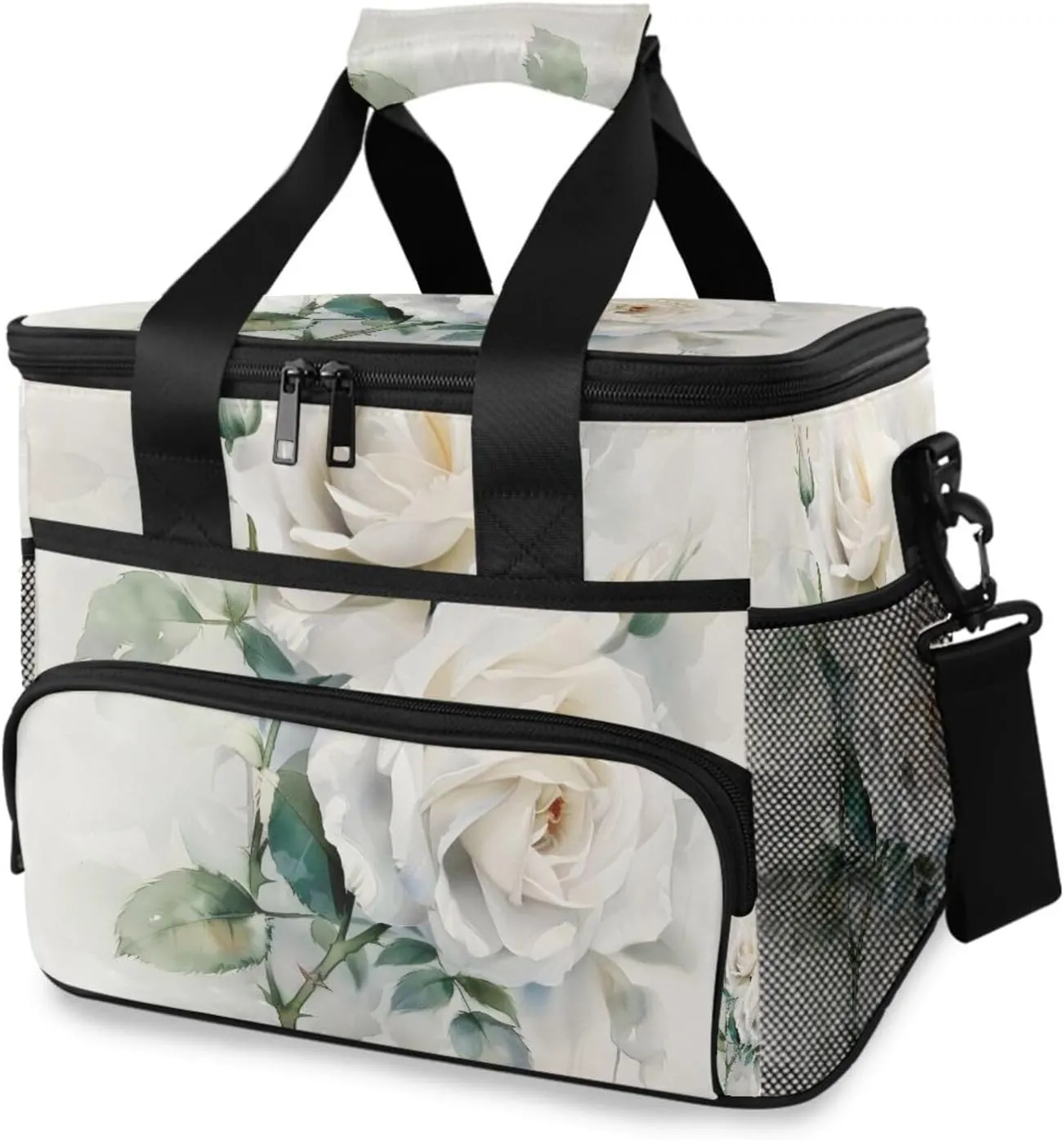 White Roses Flower Watercolor Cooler Bag Insulated Cooler Soft Sided Cooler 24 Can Portable Picnic Bag Large Leakproof Lunch Bag Box for Beach Grocery Camping Travel Car Men Women