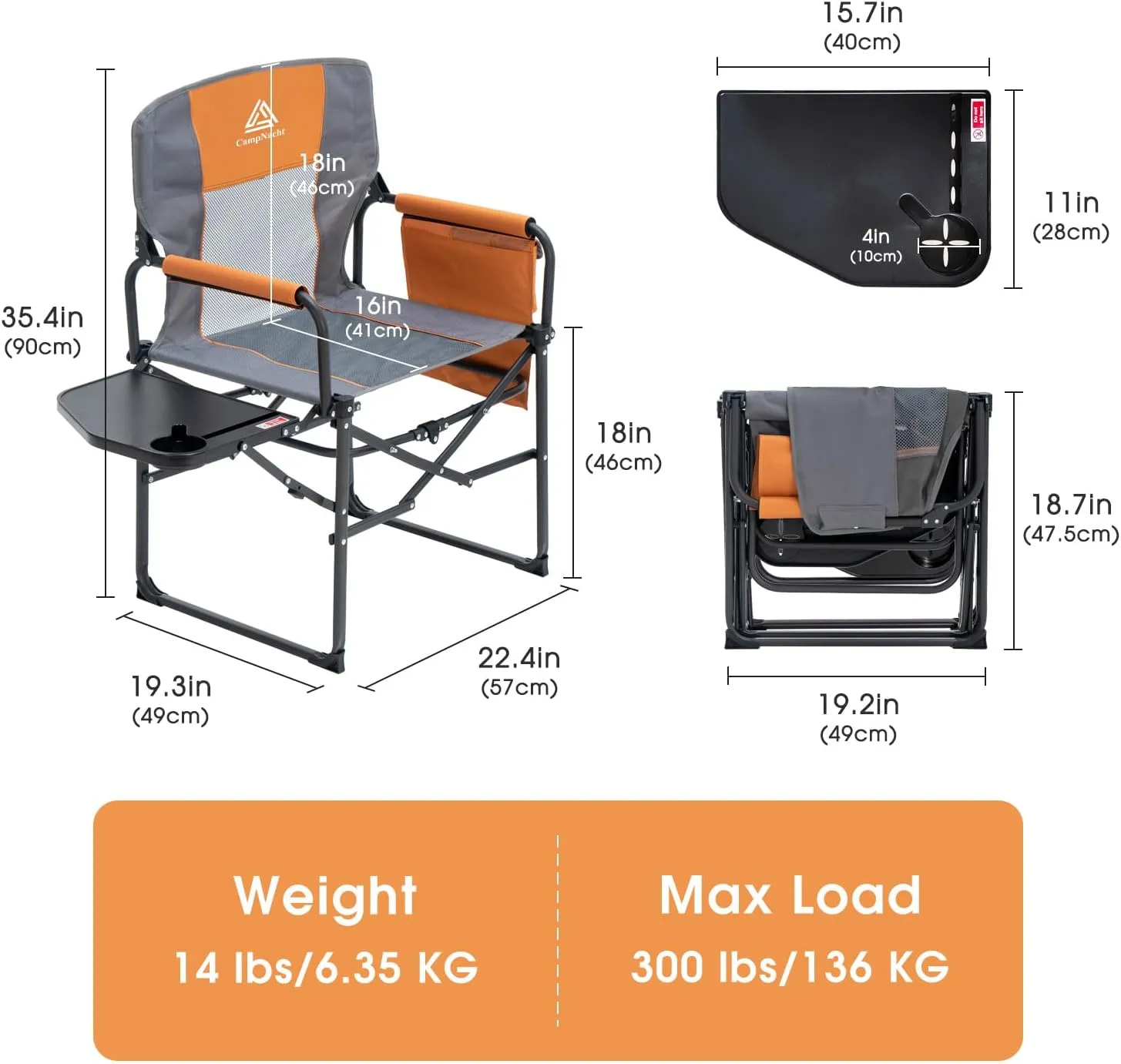 Wide Folding Director Chair with Table, Outdoor Camping Chair for Adults with Cup Holder Load 330 Lbs, Portable Lightweight Chair for Outside with Carry Bag for Patio, Orange-1Pack