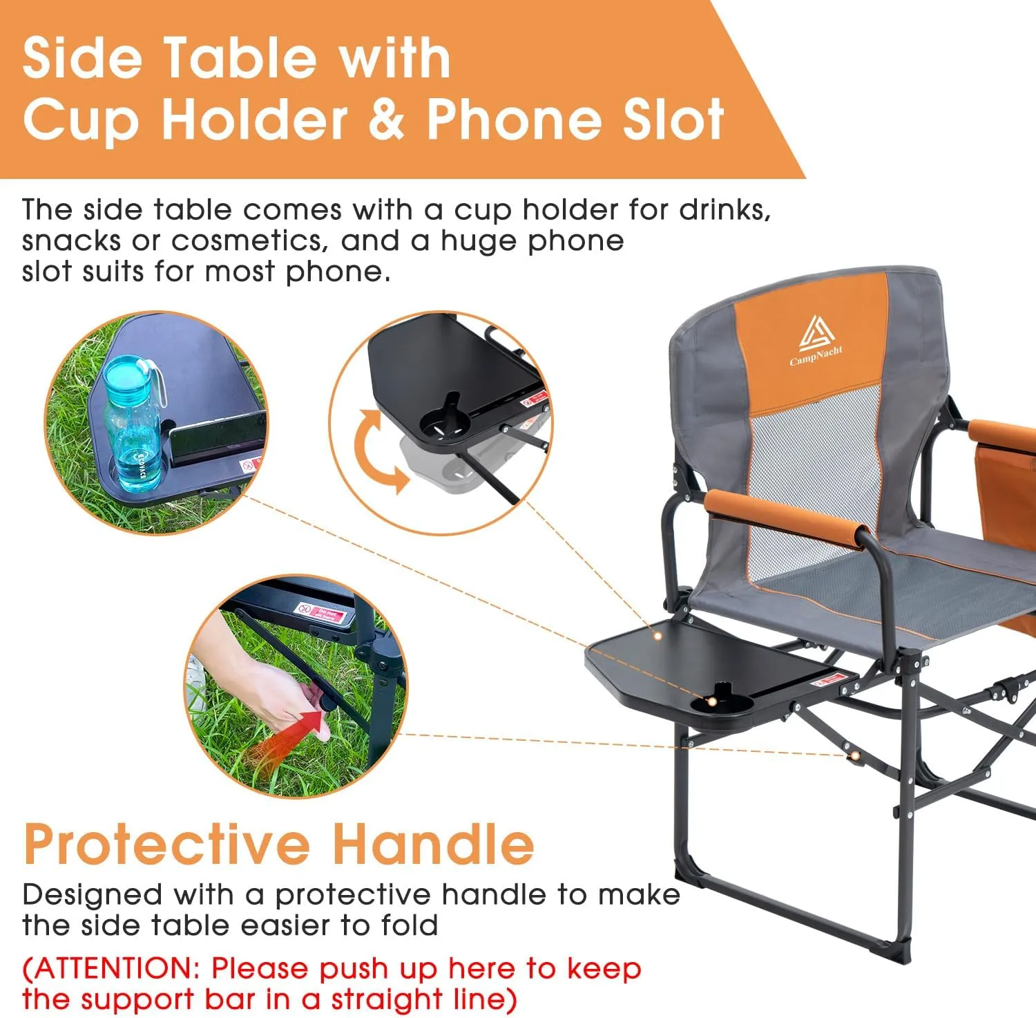 Wide Folding Director Chair with Table, Outdoor Camping Chair for Adults with Cup Holder Load 330 Lbs, Portable Lightweight Chair for Outside with Carry Bag for Patio, Orange-1Pack