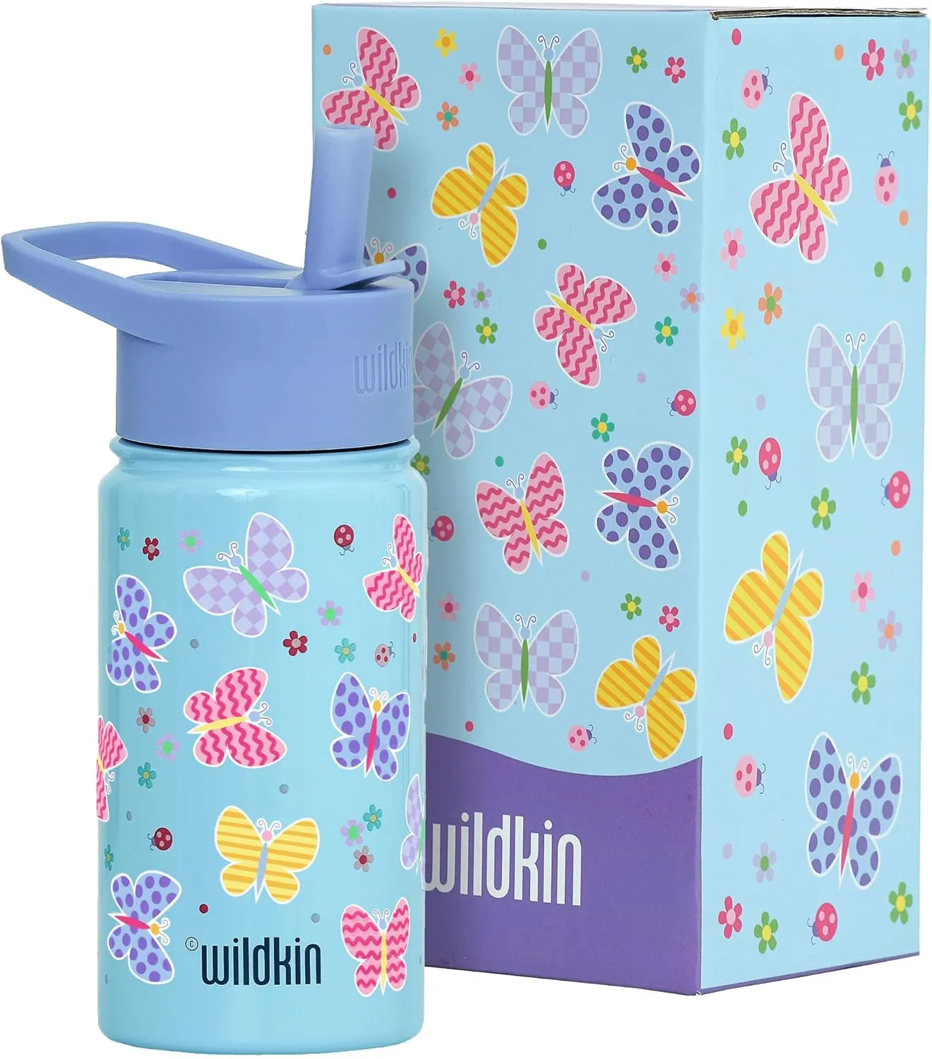 Wildkin Kids 14oz Stainless Steel Water Bottle – BPA-Free, Leakproof, Insulated, Easy-Clean - Butterfly Garden Blue