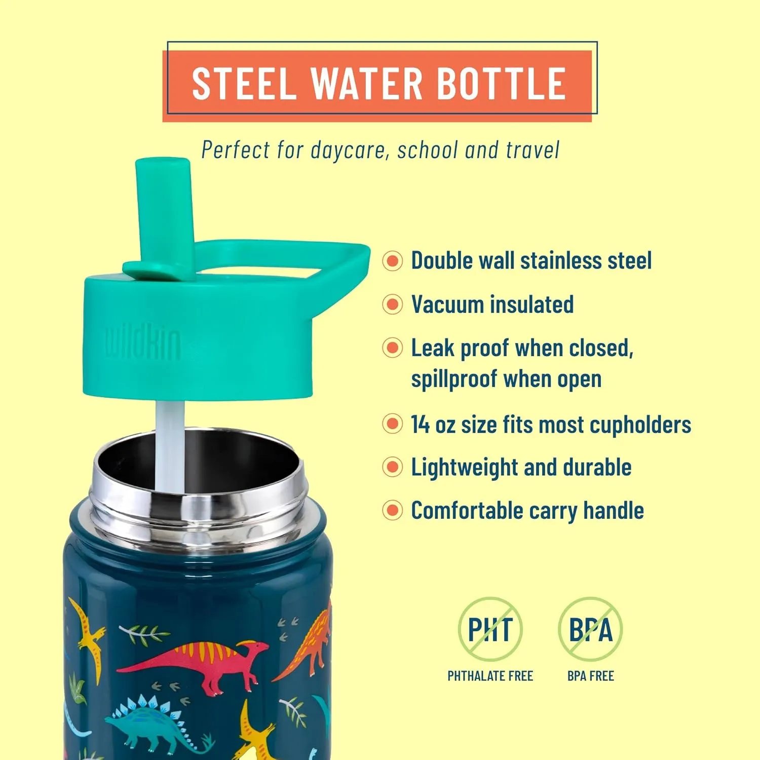 Wildkin Kids 14oz Stainless Steel Water Bottle – BPA-Free, Leakproof, Insulated, Easy-Clean - Jurassic Dinosaurs