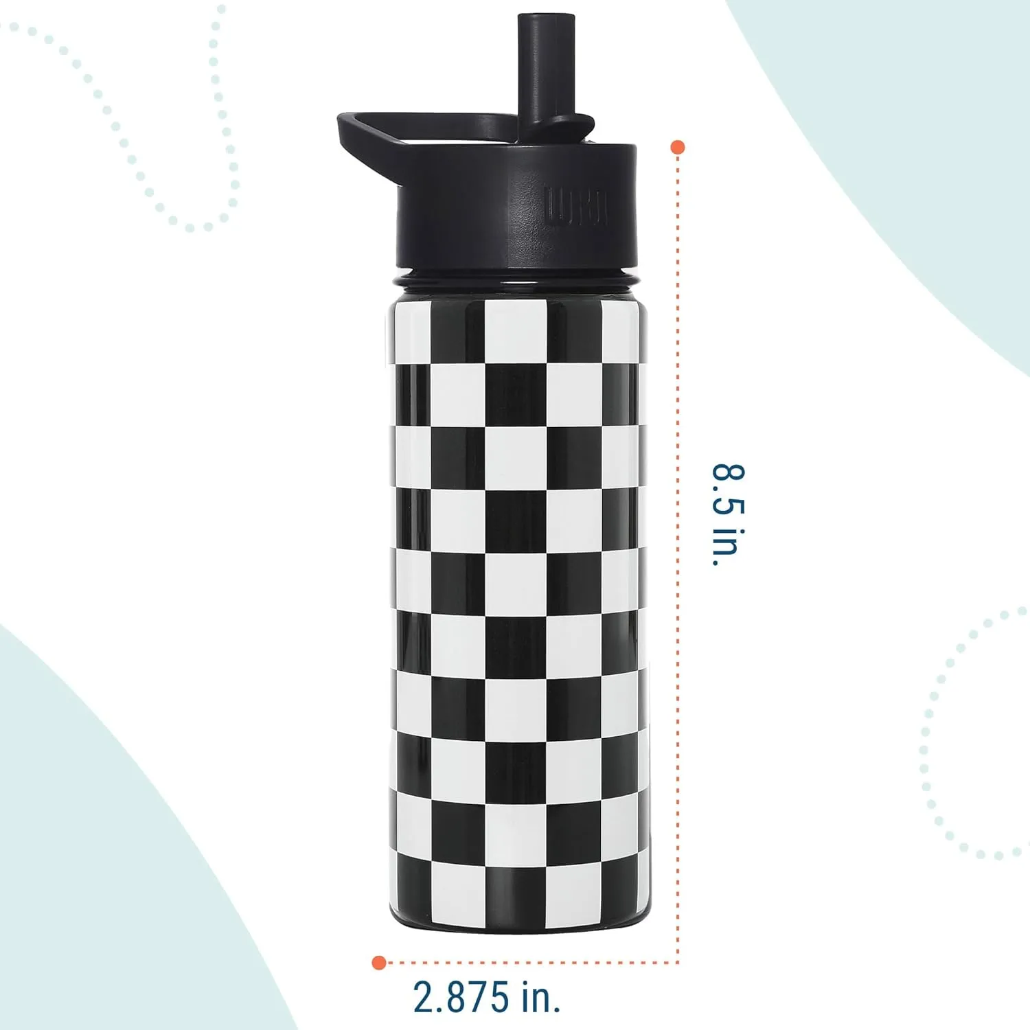Wildkin Kids 18oz Stainless Steel Water Bottle – BPA-Free, Leakproof, Insulated, Easy-Clean - Black and White Checkered