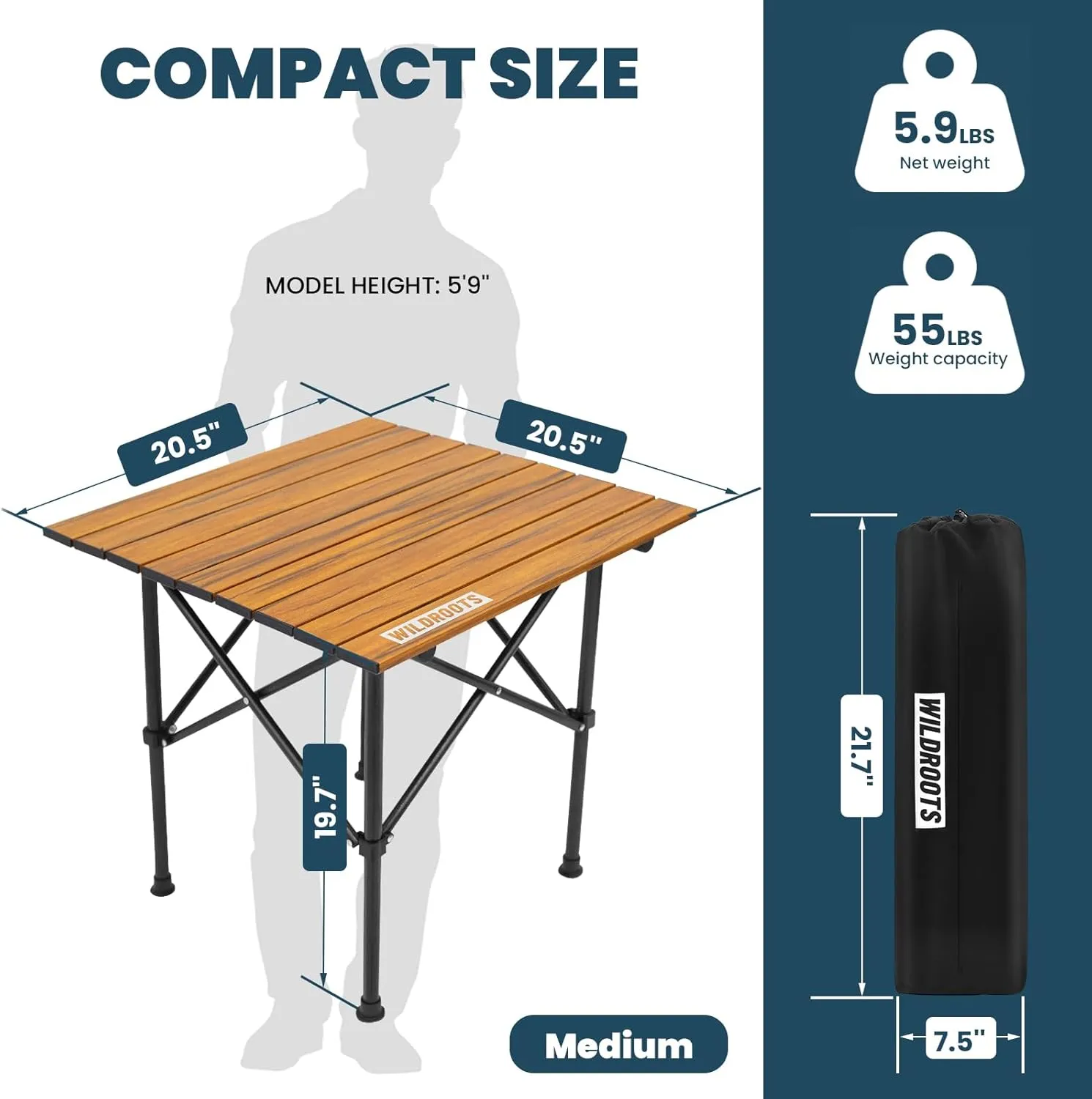 WILDROOTS Folding Camping Wood Grain Brown Table with Carry Bag, Lightweight Aluminum Table for Outdoor, Camping, Picnic, Cooking, Backyards, BBQ (M)