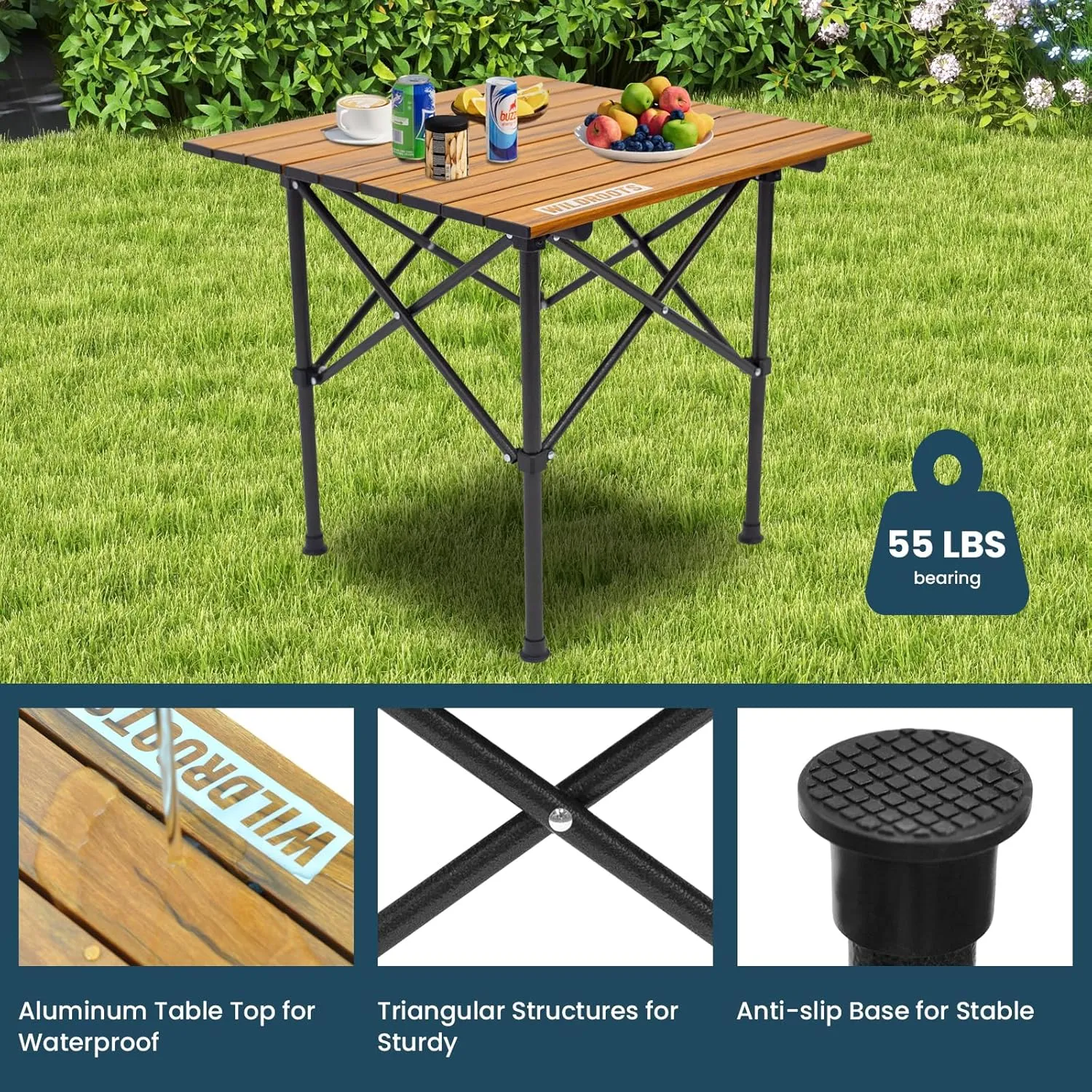 WILDROOTS Folding Camping Wood Grain Brown Table with Carry Bag, Lightweight Aluminum Table for Outdoor, Camping, Picnic, Cooking, Backyards, BBQ (M)