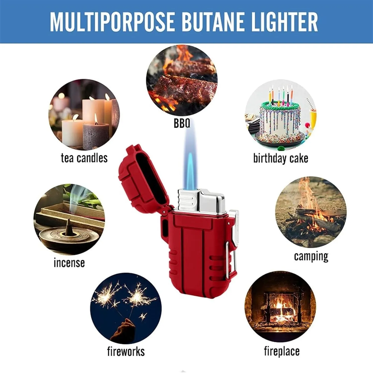Windproof and Waterproof Lighter Outdoor Portable Lighter, Butane blowtorch Lighter, Butane Lighter with Safety Lock, Windproof Jet Flame Lighter with Gift Box, (Butane not Included)(Red)