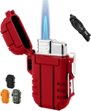 Windproof and Waterproof Lighter Outdoor Portable Lighter, Butane blowtorch Lighter, Butane Lighter with Safety Lock, Windproof Jet Flame Lighter with Gift Box, (Butane not Included)(Red)