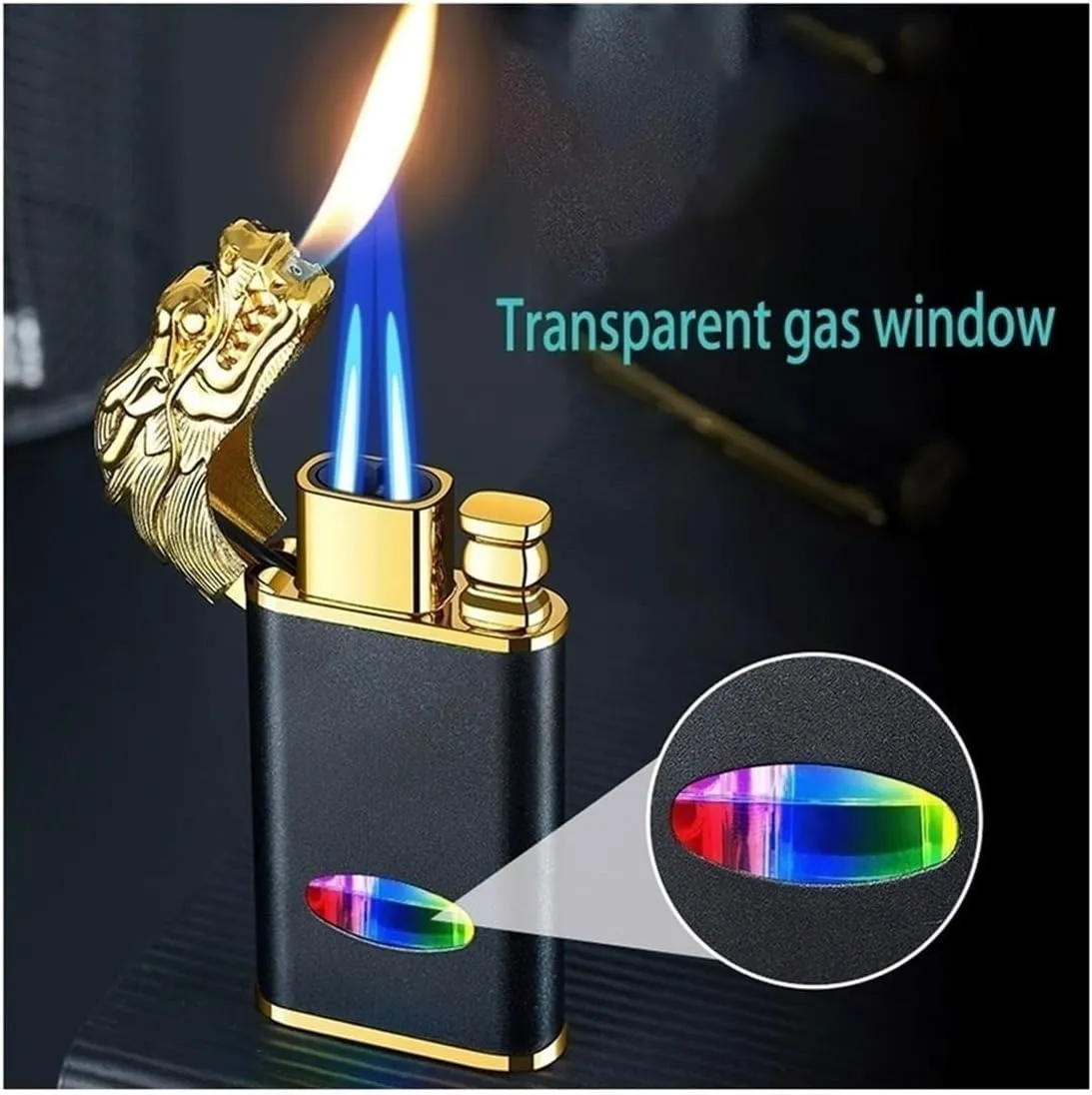 Windproof Butane Gas Lighter,Dual Direct Jet, Switchable Open Flame, Visual Fuel Window for Camping Fireplace(Black)