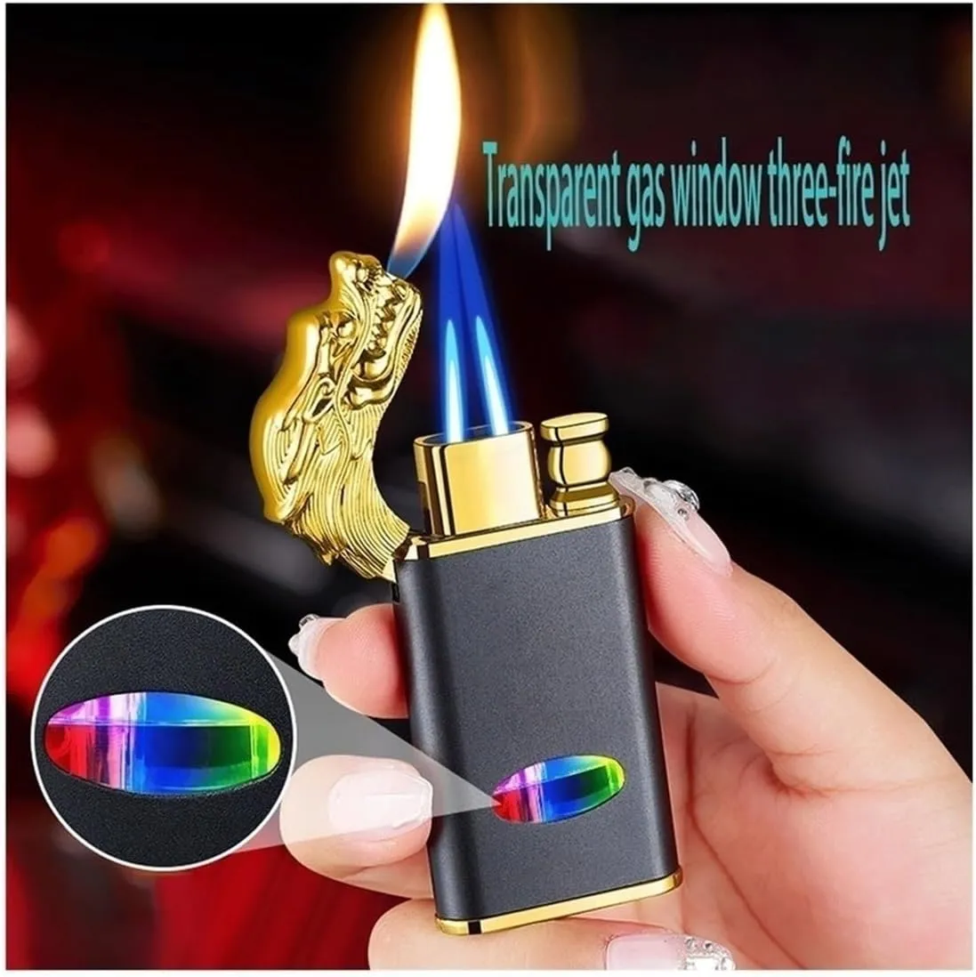 Windproof Butane Gas Lighter,Dual Direct Jet, Switchable Open Flame, Visual Fuel Window for Camping Fireplace(Black)