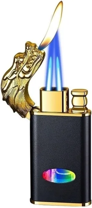 Windproof Butane Gas Lighter,Dual Direct Jet, Switchable Open Flame, Visual Fuel Window for Camping Fireplace(Black)