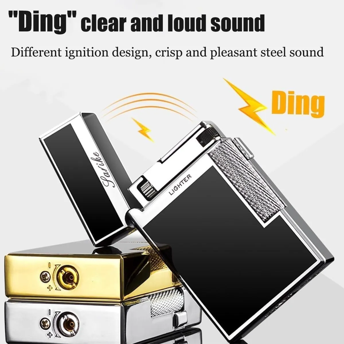 Windproof Dual Flame Lighter, Jet Flame and Soft Flame,Butane Torch Lighter,Ding Sound When Opening Lid，Refillable Adjustable Grinding Wheel Side Slip Lighter Metal Portable Lighter，gifts for Men(Silv